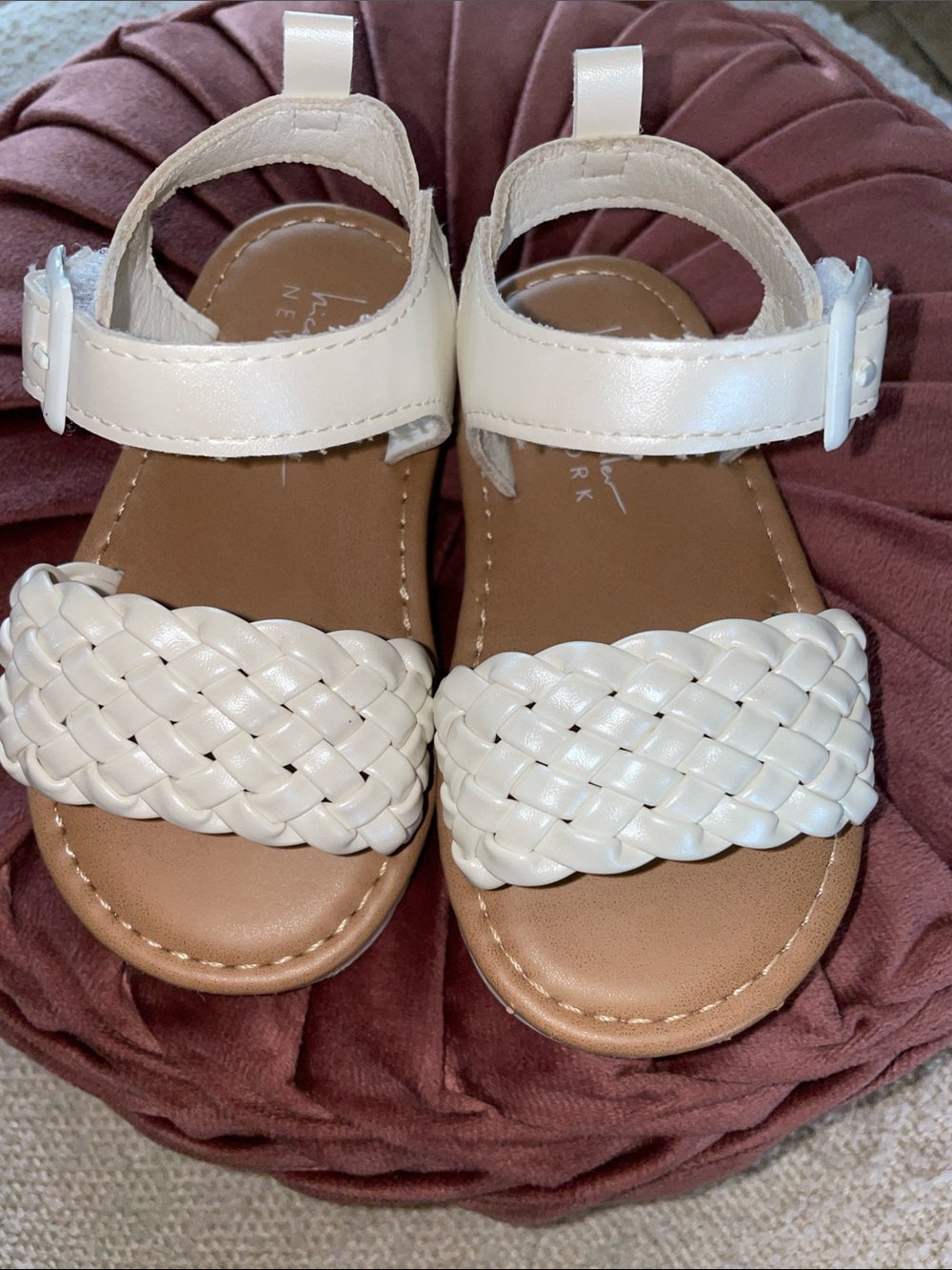 Nicole Miller Girls White Braided Strap Sandals with Adjustable Ankle Buckle